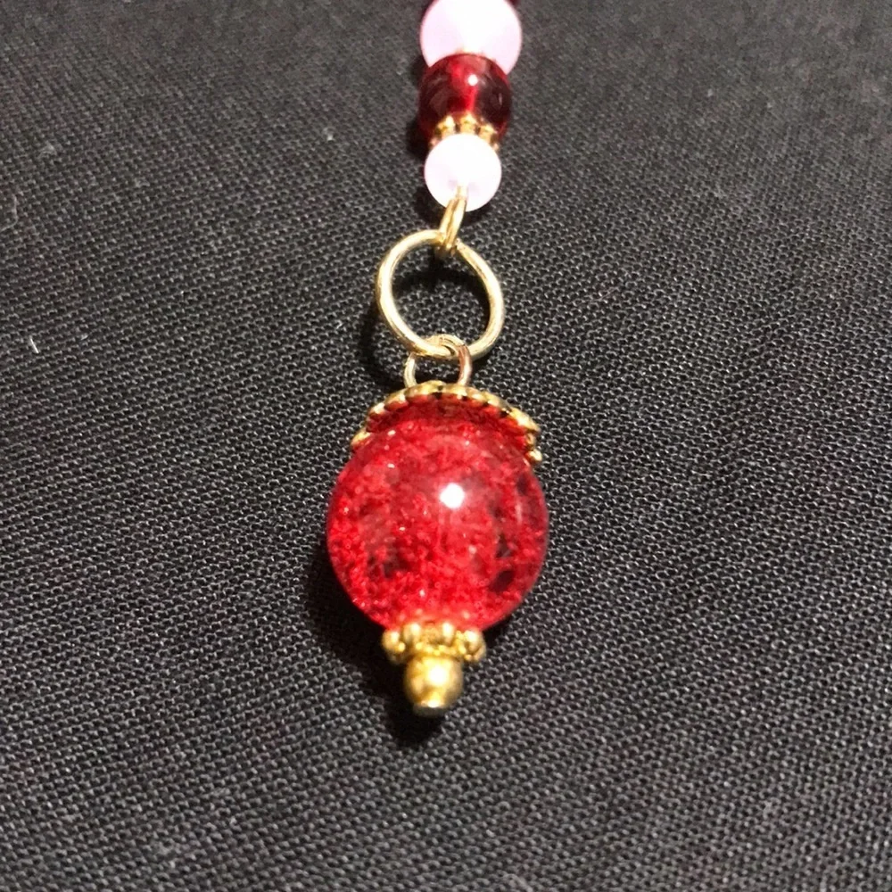 Metal Shepherds Hook Bookmark w/Chain, Red&Pink Glass Beads, & Goldtone Findings